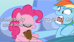 Size: 800x455 | Tagged: safe, derpibooru import, edit, edited screencap, screencap, pinkie pie, rainbow dash, earth pony, pegasus, pony, secrets and pies, all star (song), angry, annoying, bed, bell, cowbell, eyes closed, meme, somebody once told me
