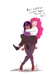 Size: 758x1055 | Tagged: safe, artist:demdoodles, derpibooru import, pinkie pie, twilight sparkle, human, trade ya, dark skin, dialogue, female, humanized, lesbian, scene interpretation, shipping, twinkie