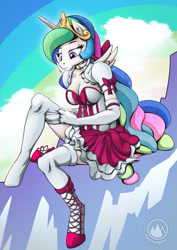 Size: 955x1351 | Tagged: safe, artist:mysticalpha, princess celestia, alicorn, anthro, unguligrade anthro, breasts, clothes, dress, female, magical girl, mare, miniskirt, skirt, slippers, smiling, socks, solo, stockings, thigh highs