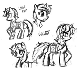 Size: 900x788 | Tagged: safe, artist:johnjoseco, oc, oc only, oc:littlepip, oc:velvet remedy, pony, unicorn, fallout equestria, :o, black and white, clothes, fanfic, fanfic art, female, grayscale, hooves, horn, mare, medical saddlebag, monochrome, open mouth, pipbuck, raised hoof, saddle bag, simple background, smiling, vault suit, white background