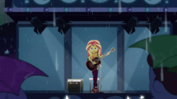 Size: 800x450 | Tagged: safe, screencap, duke suave, sunset shimmer, equestria girls, equestria girls series, let it rain, spoiler:eqg series (season 2), acoustic guitar, animated, chair, gif, guitar, guitar strap, looking at someone, looking at you, microphone, microphone stand, musical instrument, rain, singing, smiling, speaker, stage, stagelights, strut, umbrella, walking