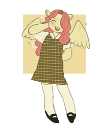 Size: 782x900 | Tagged: safe, artist:wktd, fluttershy, anthro, ambiguous facial structure, clothes, cute, dress, hair over one eye, mary janes, open mouth, plaid, shoes, shyabetes, simple background, socks, solo, stockings, thigh highs, transparent background