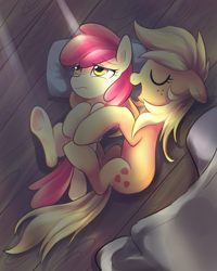 Size: 800x1000 | Tagged: safe, artist:sion-ara, apple bloom, applejack, earth pony, pony, eyes closed, open mouth, sleeping, underhoof