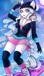 Size: 2270x3900 | Tagged: safe, artist:pink-pinktooth, oc, oc only, oc:snow cloud, anthro, earth pony, anthro oc, beanbrows, beanie, boots, braided tail, breasts, cleavage, clothes, eyebrows, female, hat, jacket, mare, miniskirt, shoes, skirt, snow, snowboard, socks, solo, stockings, thigh highs, thighs, ych result, zettai ryouiki