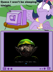 Size: 562x764 | Tagged: safe, derpibooru import, twilight sparkle, twilight sparkle (alicorn), alicorn, pony, ben drowned, creepypasta, exploitable meme, female, mare, meme, obligatory pony, scared, the legend of zelda, the legend of zelda: majora's mask, tv meme