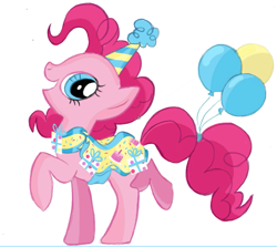 Size: 867x774 | Tagged: safe, artist:lauren faust, pinkie pie, earth pony, pony, balloon, clothes, concept art, cute, diapinkes, dress, happy, hat, leak, raised hoof, smiling, solo, what could have been