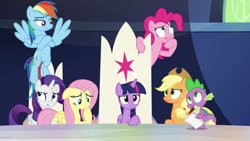 Size: 1920x1080 | Tagged: safe, derpibooru import, screencap, applejack, fluttershy, pinkie pie, rainbow dash, rarity, spike, twilight sparkle, twilight sparkle (alicorn), alicorn, dragon, earth pony, pegasus, pony, unicorn, the beginning of the end, chair, crossed arms, female, floppy ears, looking up, mane seven, mane six, mare, raised eyebrow, table, thinking, winged spike