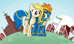 Size: 1920x1160 | Tagged: safe, artist:galaxyart, derpibooru import, spitfire, oc, oc:pia ikea, ikea, sweden, swedish, swedish flag, wonderbolts uniform