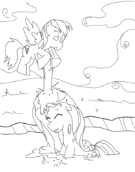 Size: 439x560 | Tagged: artist needed, safe, derpibooru import, fluttershy, rainbow dash, pegasus, pony, monochrome, mud, pouring, wet and messy