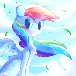 Size: 800x800 | Tagged: safe, artist:lemongde, derpibooru import, rainbow dash, pegasus, pony, back fluff, chest fluff, cute, dashabetes, ear fluff, heart eyes, leaf, leg fluff, shoulder fluff, signature, solo, wingding eyes