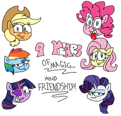 Size: 1250x1200 | Tagged: safe, artist:dragonboi471, derpibooru import, applejack, fluttershy, pinkie pie, rainbow dash, rarity, twilight sparkle, earth pony, pegasus, pony, unicorn, happy birthday mlp:fim, mane six, mlp fim's ninth anniversary, simple background, transparent background