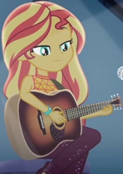 Size: 762x1078 | Tagged: safe, screencap, sunset shimmer, equestria girls, equestria girls series, let it rain, spoiler:eqg series (season 2), acoustic guitar, beautiful, cropped, crossed legs, female, guitar, light, looking down, microphone, musical instrument, playing guitar, sitting, smiling, solo, stage, stool