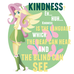Size: 900x900 | Tagged: safe, artist:lima-hibiki, fluttershy, pegasus, pony, equestria girls, clothes, element of kindness, motivational, ponied up, quote, shy, skirt, solo, tanktop
