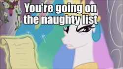 Size: 1280x720 | Tagged: safe, edit, edited screencap, screencap, princess celestia, alicorn, pony, the crystal empire, spoiler:s03, angry, bitchlestia, caption, flower, glare, image macro, letter, looking at you, meme, quill, scroll, solo, text