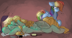 Size: 1560x828 | Tagged: safe, artist:ihasjessie-kat, derpibooru import, rainbow dash, zephyr breeze, pegasus, pony, ..., eye clipping through hair, eyes closed, female, floppy ears, hairbrush, ink, lamp, loose hair, male, onomatopoeia, prone, quill pen, shipping, sleeping, sound effects, straight, zephdash, zephyrbetes, zzz