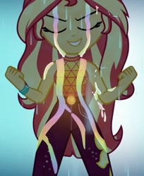 Size: 880x1080 | Tagged: safe, screencap, sunset shimmer, better together, equestria girls, let it rain, cropped, geode of empathy, magical geodes, rain, rainbow, smiling, solo