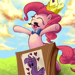 Size: 1000x1000 | Tagged: safe, artist:kheltari, derpibooru import, pinkie pie, twilight sparkle, twilight sparkle (alicorn), alicorn, earth pony, pony, trade ya, bowtie, crown, cute, diapinkes, drawing, fake moustache, female, mare, podium, scene interpretation, solo