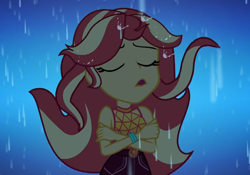 Size: 1546x1080 | Tagged: safe, screencap, sunset shimmer, better together, equestria girls, let it rain, cropped, eyes closed, female, geode of empathy, magical geodes, rain, singing, sleeveless, solo