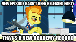 Size: 625x351 | Tagged: safe, derpibooru import, edit, edited screencap, screencap, spitfire, pegasus, pony, academy record, clothes, female, image macro, mare, meme, solo, uniform, wonderbolts uniform