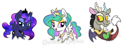 Size: 700x275 | Tagged: safe, artist:stepandy, discord, princess celestia, princess luna, alicorn, draconequus, pony, chibi, cloven hooves, crown, cute, cutelestia, discute, dislestia, fangs, female, jewelry, lidded eyes, looking at you, lunabetes, male, necklace, open mouth, regalia, royal sisters, shipping, signature, simple background, standing, straight, transparent background, trio, watermark