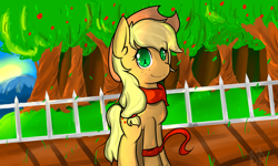 Size: 2000x1200 | Tagged: safe, artist:dulty-yukiko, applejack, earth pony, pony, bandana, clothes, scarf, solo