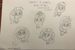 Size: 3810x2567 | Tagged: safe, artist:smurfettyblue, derpibooru import, applejack, fluttershy, pinkie pie, rainbow dash, rarity, twilight sparkle, earth pony, pegasus, pony, unicorn, happy birthday mlp:fim, mane six, mlp fim's ninth anniversary, photo, traditional art