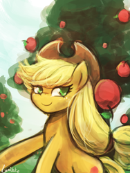 Size: 1440x1920 | Tagged: safe, artist:lumineko, applejack, earth pony, pony, 30 minute art challenge, apple, smiling, solo