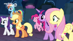 Size: 1366x768 | Tagged: safe, derpibooru import, screencap, applejack, fluttershy, pinkie pie, rainbow dash, rarity, twilight sparkle, twilight sparkle (alicorn), alicorn, earth pony, pegasus, pony, unicorn, the beginning of the end, cave, discovery family logo, mane six