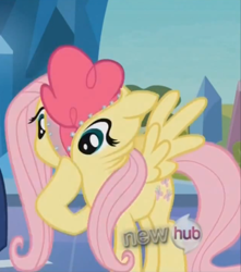 Size: 506x573 | Tagged: safe, screencap, fluttershy, pinkie pie, earth pony, pegasus, pony, the crystal empire, clothes, fluttershy suit, masking, pony costume, solo