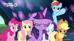 Size: 1366x748 | Tagged: safe, derpibooru import, screencap, applejack, fluttershy, pinkie pie, rainbow dash, rarity, twilight sparkle, twilight sparkle (alicorn), alicorn, earth pony, pegasus, pony, unicorn, the beginning of the end, cave, discovery family logo, floppy ears, mane six, sad