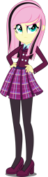 Size: 1100x3971 | Tagged: safe, artist:xebck, fluttershy, equestria girls, friendship games, alternate hairstyle, alternate universe, clothes, crystal prep academy, crystal prep academy uniform, crystal prep shadowbolts, emoshy, eyeshadow, hand on hip, high heels, makeup, pantyhose, pleated skirt, school uniform, simple background, skirt, solo, tights, transparent background, vector