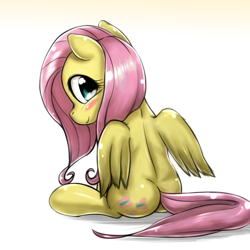 Size: 1000x1000 | Tagged: safe, artist:ushiro no kukan, fluttershy, pegasus, pony, blushing, cute, plot, shyabetes, sitting, solo