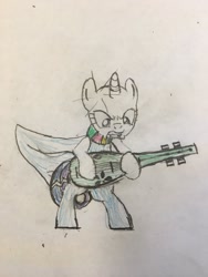 Size: 900x1200 | Tagged: safe, artist:trini-mite, derpibooru exclusive, rarity, pony, unicorn, bald, guitar, guitarity, hero 108, rattle diva, solo, tabitha st. germain, traditional art, voice actor joke