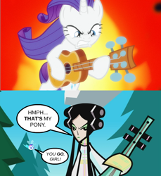 Size: 920x1004 | Tagged: safe, artist:trini-mite, rarity, oc, oc:trini-mite, pony, unicorn, honest apple, comic, dialogue, exploitable meme, guitar, guitarity, hero 108, meme, rattle diva, same voice actor, speech bubble, tabitha st. germain, that's my pony, that's my x, twittermite, you go girl