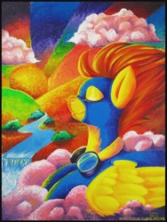Size: 900x1200 | Tagged: safe, artist:steeve, derpibooru import, spitfire, cloud, eyes closed, goggles, solo, traditional art, waterfall, wonderbolts uniform