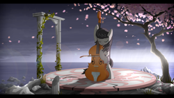 Size: 1920x1080 | Tagged: safe, artist:gign-3208, derpibooru import, octavia melody, earth pony, pony, bipedal, bow (instrument), cello, cherry blossoms, crying, eyes closed, musical instrument, open mouth, ruins, scenery, solo, wallpaper