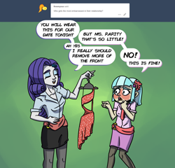 Size: 1200x1150 | Tagged: safe, artist:rawrienstein, coco pommel, rarity, equestria girls, ask, blushing, clothes, dress, equestria girls-ified, tumblr