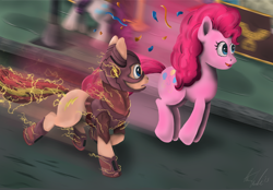 Size: 2150x1500 | Tagged: safe, artist:cryptic-dash, pinkie pie, oc, earth pony, pony, confetti, flash, hopping, ponified, running