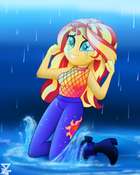 Size: 1700x2134 | Tagged: safe, artist:theretroart88, sunset shimmer, better together, equestria girls, let it rain, boots, clothes, female, pants, rain, shoes, sleeveless, teary eyes