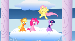 Size: 1099x597 | Tagged: safe, screencap, applejack, fluttershy, pinkie pie, twilight sparkle, earth pony, pegasus, pony, sonic rainboom (episode)