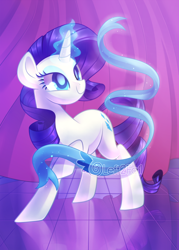 Size: 3000x4200 | Tagged: safe, artist:drawntildawn, rarity, pony, unicorn, absurd resolution, eyeshadow, fabric, female, glowing horn, magic, makeup, mare, raised hoof, smiling, solo, watermark