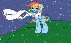 Size: 1280x774 | Tagged: safe, artist:rosefang16, derpibooru import, rainbow dash, pegasus, pony, chest fluff, clothes, crying, ear fluff, female, leg fluff, mare, open mouth, sad, scarf, snow, solo, story included, wing fluff