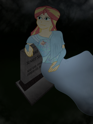 Size: 774x1032 | Tagged: safe, artist:scampy, sunset shimmer, duck, human, zombie, fanfic:rise again, equestria girls, clothes, dress, fanfic art, grave, gravestone, graveyard