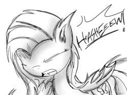 Size: 1024x768 | Tagged: safe, artist:daisymeadows, fluttershy, bat pony, pony, female, flutterbat, monochrome, sneezing, solo