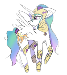 Size: 550x620 | Tagged: safe, artist:itzdatag0ndray, princess celestia, alicorn, pony, armor, ear fluff, floppy ears, helmet, raised hoof, raised leg, serious, serious face, short mane, simple background, solo, spread wings, sunbutt, white background