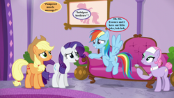 Size: 1280x720 | Tagged: safe, derpibooru import, edit, edited screencap, screencap, applejack, lavender essence, rainbow dash, rarity, earth pony, pegasus, pony, unicorn, applejack's "day" off, applejack's hat, blatant lies, clipboard, clothes, cowboy hat, dialogue, hat, ponyville spa, potted plant, slippers, sofa, speech bubble, tank slippers