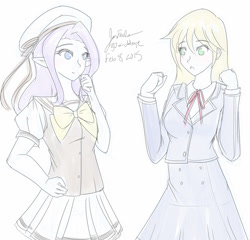 Size: 1000x961 | Tagged: safe, artist:jonfawkes, applejack, rarity, human, 30 minute art challenge, clothes, elf ears, humanized, school uniform, shuffle!, sword art online