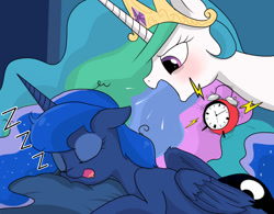 Size: 990x773 | Tagged: safe, artist:2074, princess celestia, princess luna, alicorn, pony, alarm clock, clock, drool, eyes closed, floppy ears, fluffy, glare, missing accessory, open mouth, prone, royal sisters, sleeping, smiling, yelling, zzz