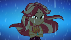 Size: 1910x1080 | Tagged: safe, screencap, sunset shimmer, better together, equestria girls, let it rain, beautiful, crossed arms, female, geode of empathy, looking at you, magical geodes, night, rain, sleeveless, solo