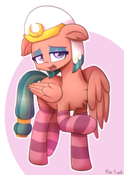 Size: 1233x1730 | Tagged: safe, artist:puetsua, somnambula, pegasus, pony, chest fluff, clothes, cute, female, floppy ears, heart eyes, lidded eyes, looking at you, mare, open mouth, raised hoof, smiling, socks, stockings, striped socks, thigh highs, wingding eyes